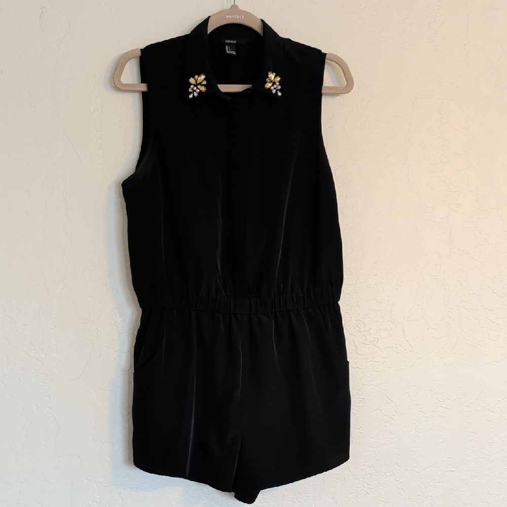 Forever 21 Black Sleeveless Romper with Embellished Collar Elastic W/Pockets